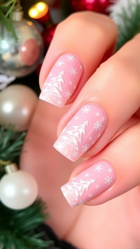 Short light pink Christmas nails with snowflake and tree designs.